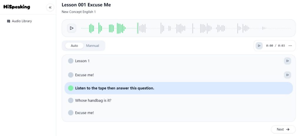 Hi Speaking 沉浸式英语跟读网站，通过 AI 声音检测技术，使得用户在跟读完一句后，自动播放下一句内容